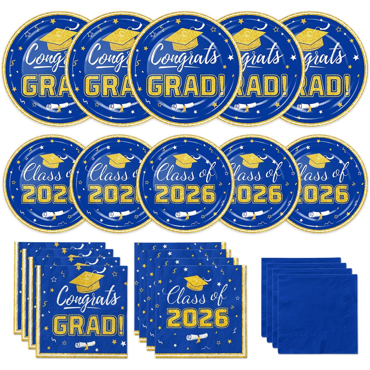 Graduation Plates and Napkins 2026 Congrats Grad Disposable Paper Plates Cocktail Napkins Luncheon Napkins for Blue and Gold Graduation Party Decorations, Serve 50